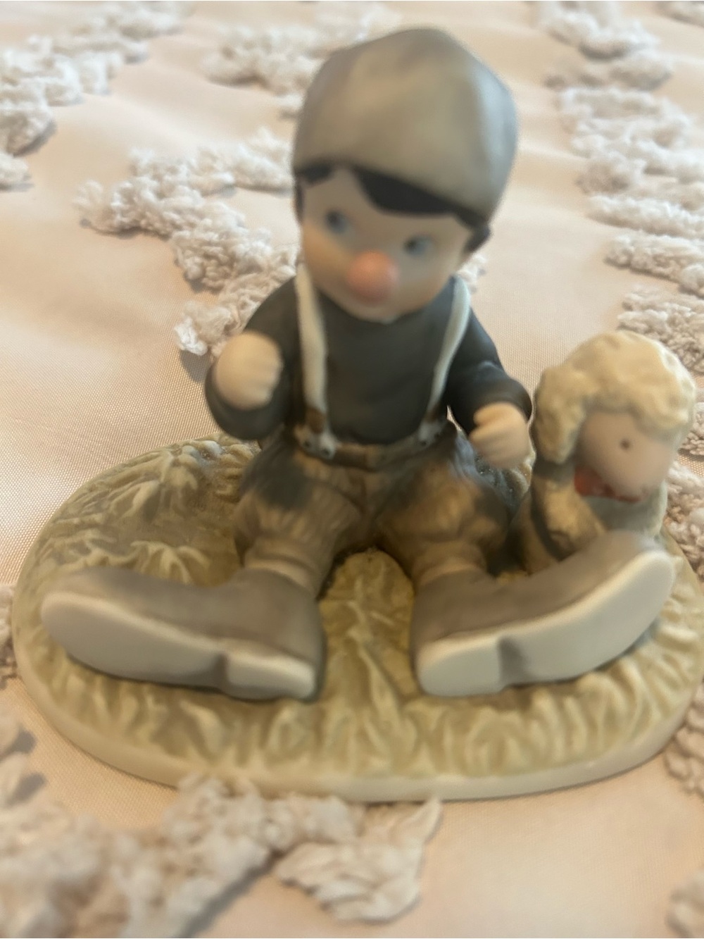 Enesco Gray and Cream Porcelain Boy with Lamb Figurine